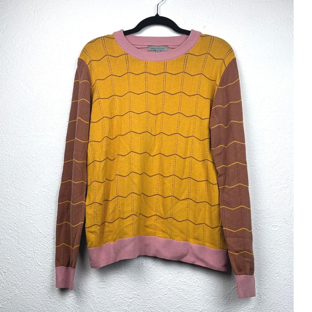 Cable Stitch Yellow Pink Brown Pointelle Sweater - M - Cotton Knit Boho Retro